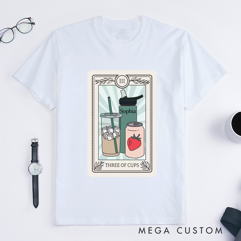 Personalized Three Drink Cups Classic T-Shirts Custom Name Friendship Gift Unique Iced Coffee Water Bottle Strawberry Soda Unisex Tee 