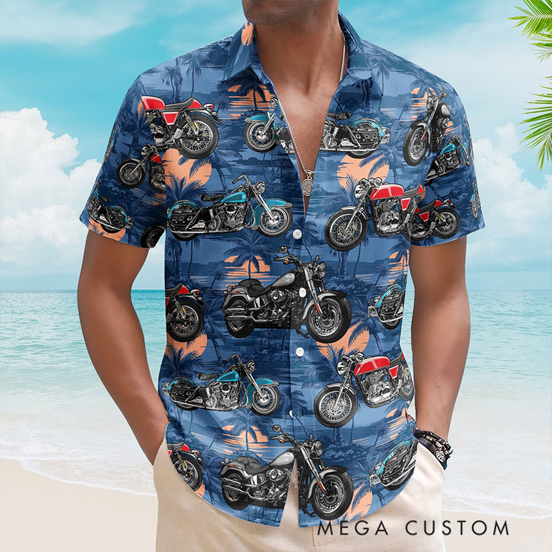 Personalized Vintage Motorcycle Photo Hawaiian Shirt Personalized Biker Shirt for Riders and Motorbike Lovers