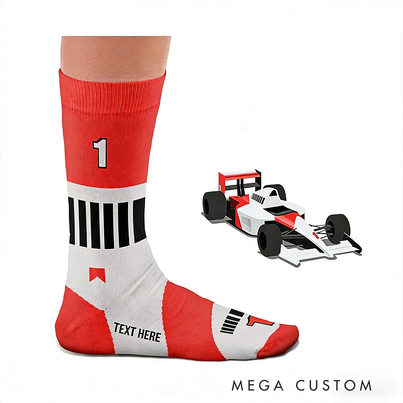 Personalized Racing Car Socks Custom Text  Design Gift for Race Drivers and Car Lovers 