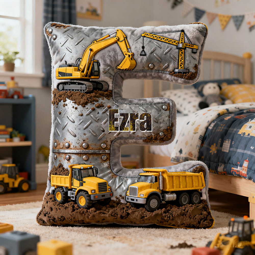 Personalized Construction Letter Cushion With Excavator And Dump Truck Graphic 3D Print Pillow