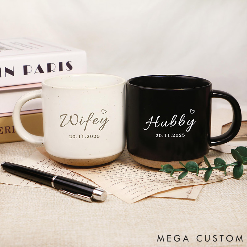 Personalized Wifey Hubby Printed Couple Pottery Mug Valentine's Day Gift for Couple Him Her Wedding Gift Anniversary Gift for Husband  Wife