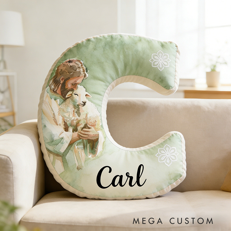 Personalized Jesus and Lamb Green Letter Pillow with Custom Name Religious Home Decor the Lost Sheep Graphic 3D Print Pillow Faith Gift