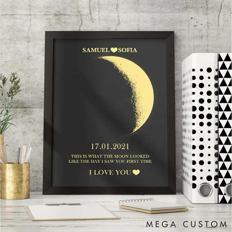 Personalized Couple The Day I Saw You First Time Real Moon Phase Poster Anniversary Wall Art Valentine's Gift Unique Keepsake Gift for Husband Wife