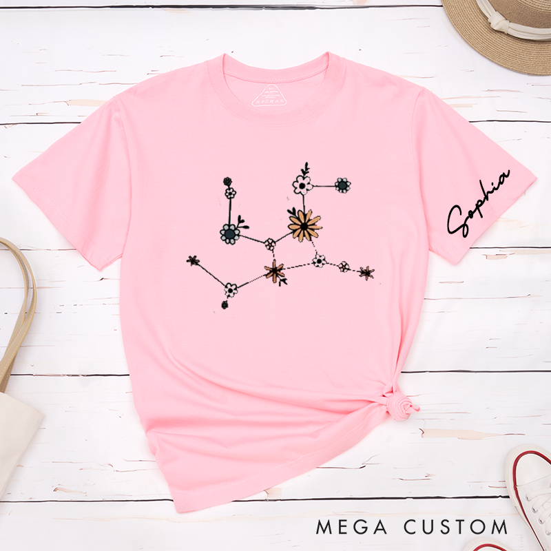 Personalized Virgo Zodiac Constellation Floral T-Shirt Custom Name Classic Unisex Birthday Gift for Astrology Lovers Unique Personalized Tee
