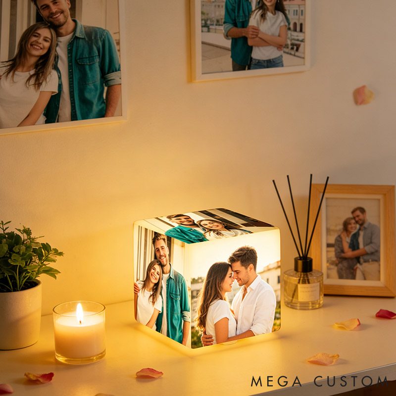 Personalized Couple Photo Cube Night Light Custom Wedding Newlyweds Cube Table Lamp With 6 Pictures Valentines Day Gift Engagement Anniversary Gift