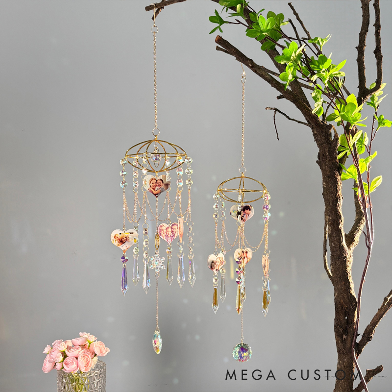 Personalized Photo Heart Suncatcher - Custom Family Photo Wind Chime with Crystal Beads, Decorative Window Hanging Gift