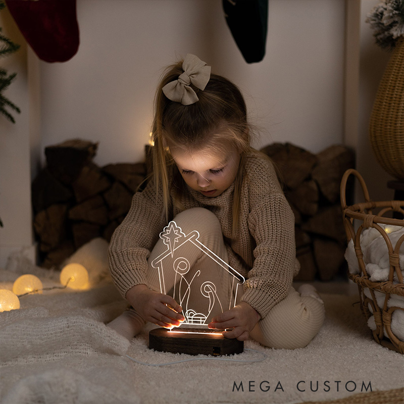 Personalized Nativity Scene LED Night Light with Name Wooden Base Home Decor Religious Gift Christmas Gift for Kid