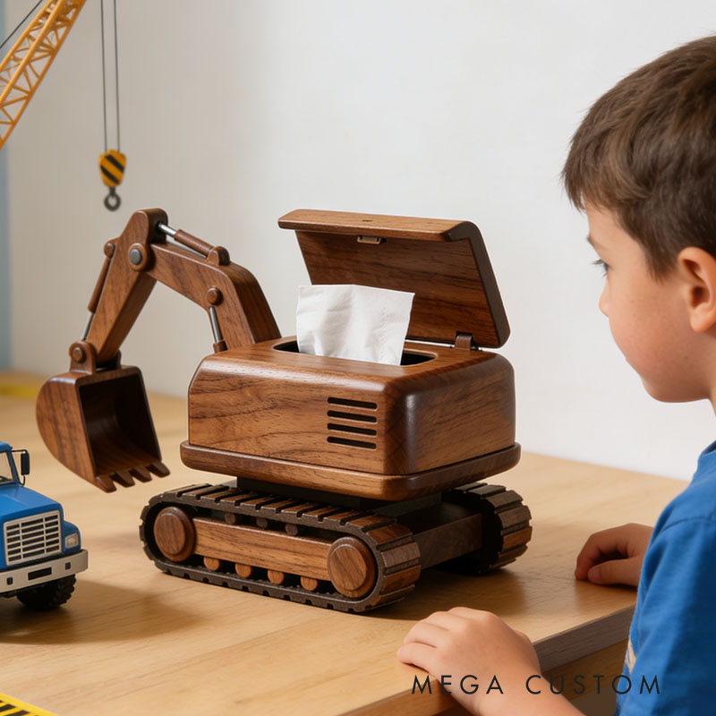 Handmade Wooden Excavator Tissue Box Funny Cartoon Decor