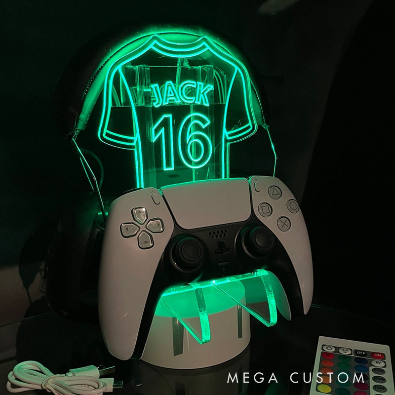 Personalized Custom Jersey LED Controller Stand - Personalized Name & Number Gaming Desk Lamp, Controller Holder Gift