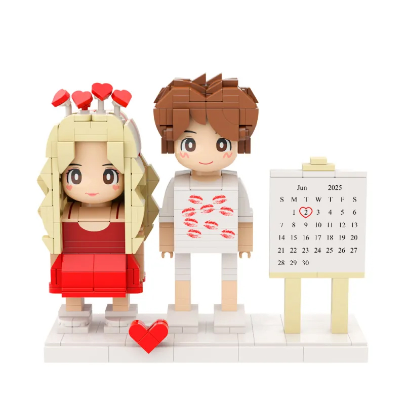 Personalized Custom Couple Brick Figure Set with Calendar - Personalized Photo Minifigure Building Blocks, Valentine’s/Anniversary Gift