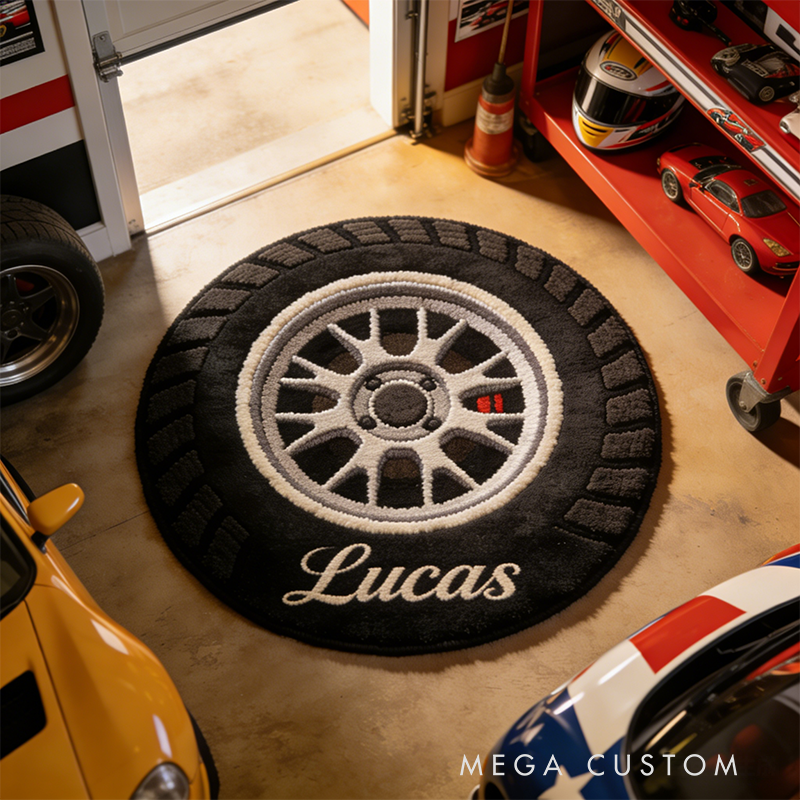 Personalized Racing Wheel Rug Custom Name Car Lover Gift for Garage or Home Decor