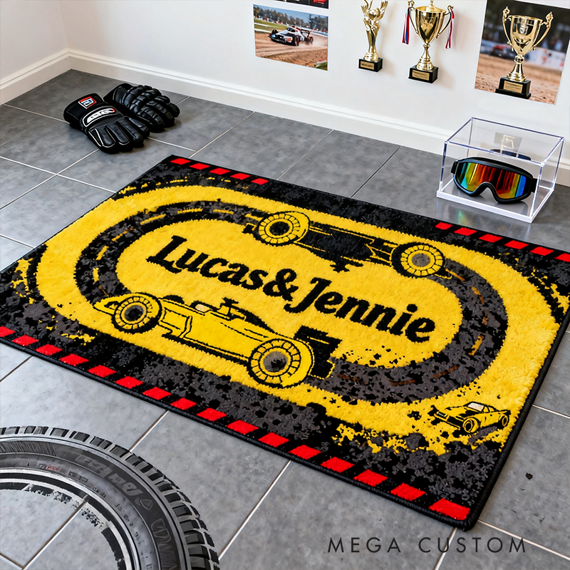 Personalized Racing Couple Rug Custom Name Race Track Design Gift for Car Lovers Home Decor