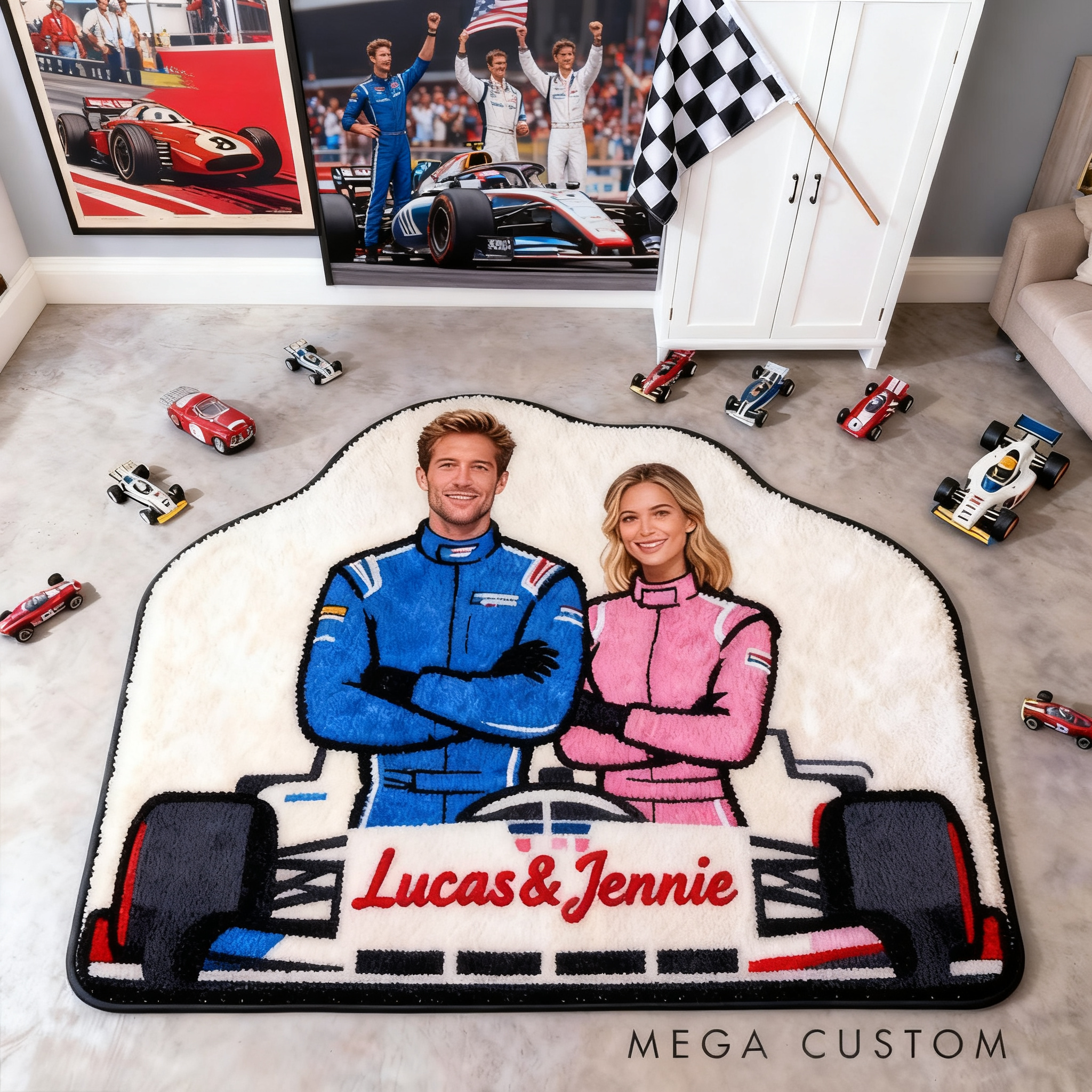 Personalized Couple Racing Rug Custom Name and Photo Design Gift for Car and Racing Lovers Home Decor