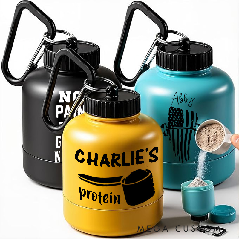 Personalized Gym Mini Protein Powder Bottle Pattern Custom Gym Keychain 200ml Protein Funnel Container with Carabiner Medicine Powder Carrying Pill Container for Gym Lovers