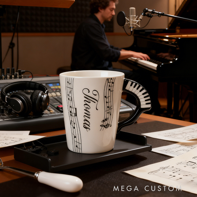 Personalized Custom Piano Keyboard Handle Mug with Musical Notes, Personalized Name Ceramic Coffee Mug for Music Lovers, Piano Player Gift