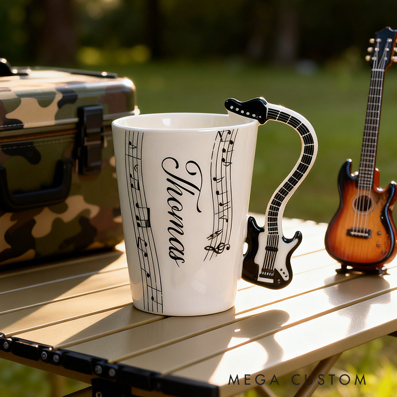 Personalized Electric Guitar Handle Mug, Custom Name Ceramic Cup with Musical Notes, Rock Music Fan Gift