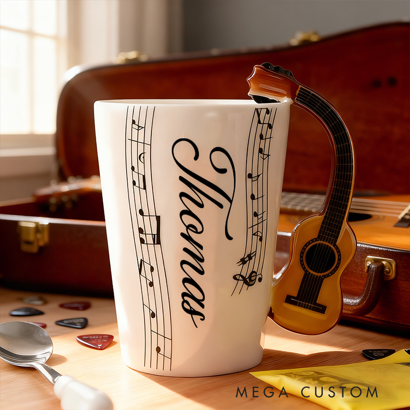Personalized Custom Acoustic Guitar Handle Mug, Personalized Name Ceramic Coffee Cup with Musical Notes, Folk Music Lover Gift