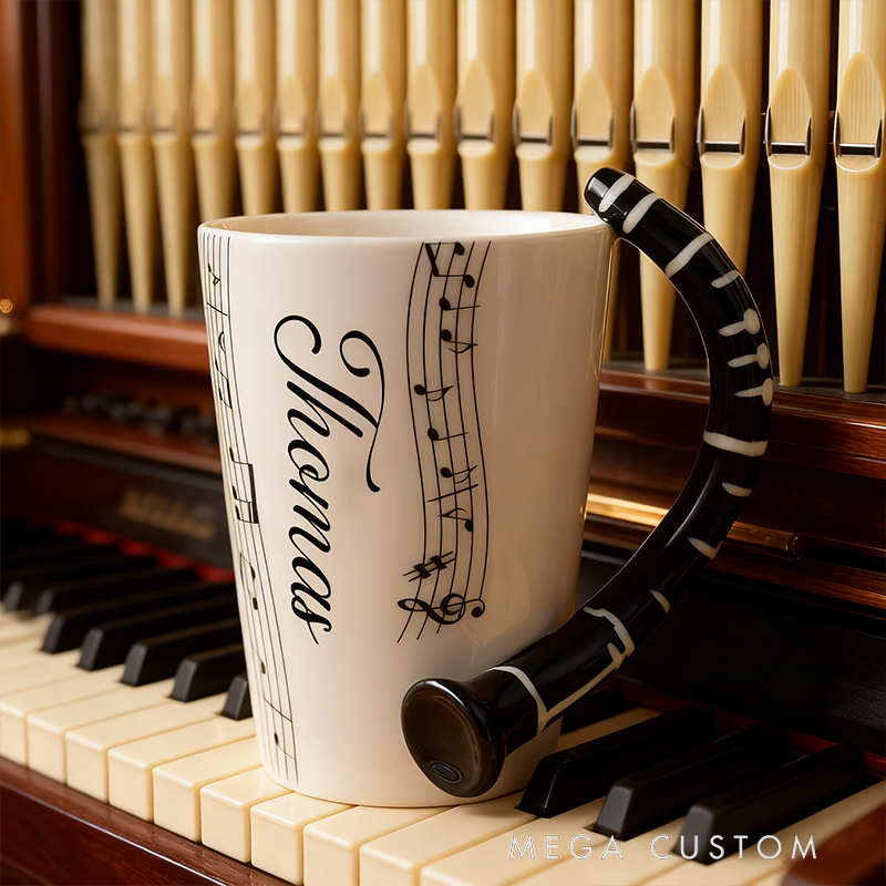 Personalized Saxophone Handle Mug, Custom Name Ceramic Cup with Musical Notes, Jazz Music Enthusiast Gift
