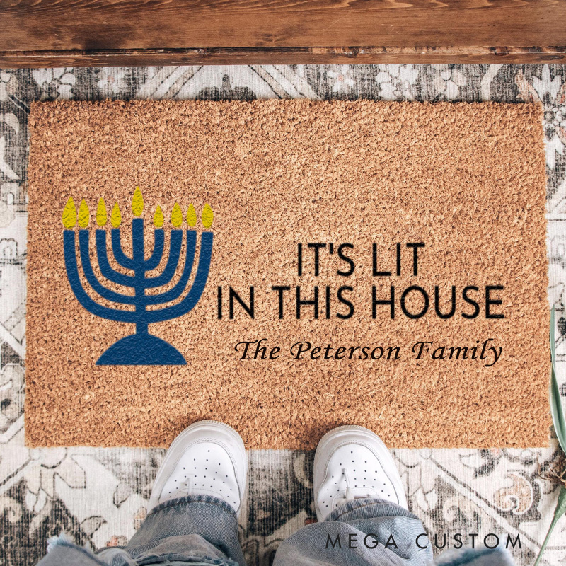 Personalized It's Lit in this House Doormat with Custom Family Name Non-Slip Durable Front Door Decor Hanukkah Doormat Religious Gift