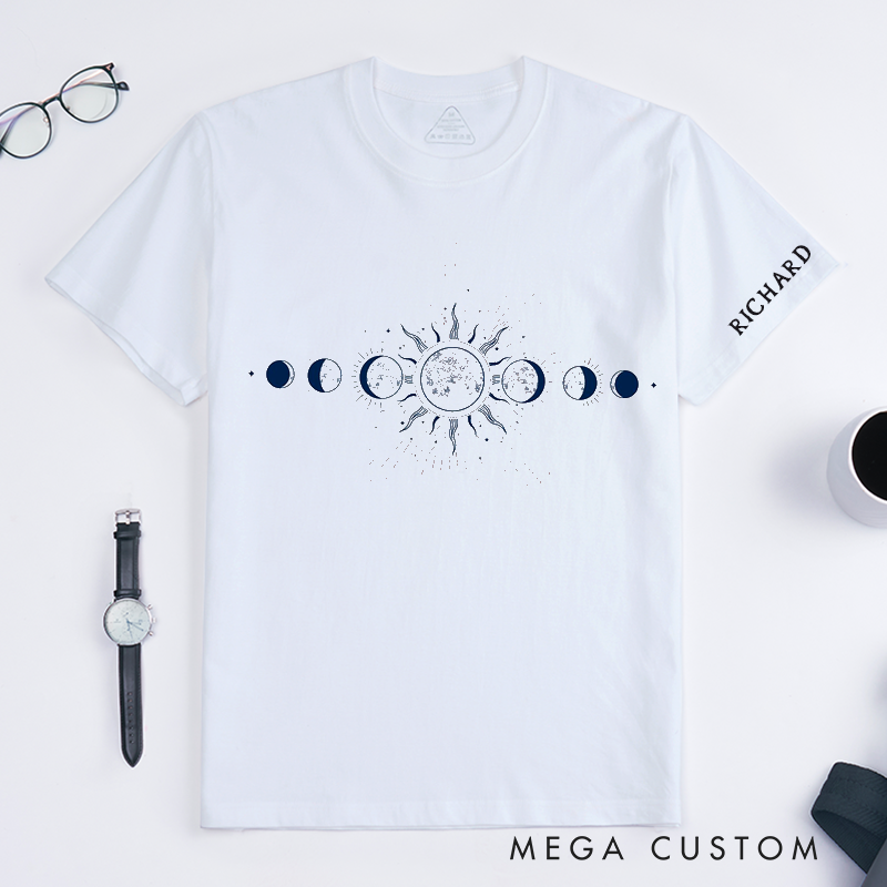 Personalized Sun and Moon Phases Classic T-Shirt Custom Name Gift Spiritual Celestial Design for Men and Women Unique Astrology Birthday Present
