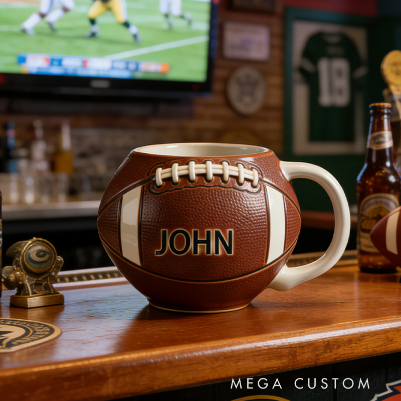 Personalized Custom Football Shaped Mug - Personalized Sports Fan Gift for Football Lovers, Ceramic Coffee Cup with Name