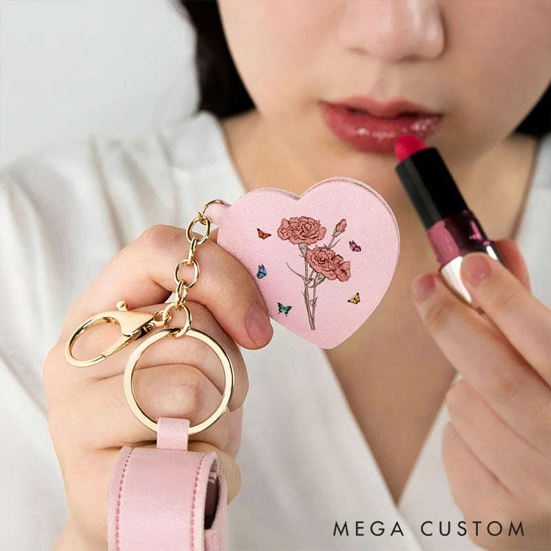Personalized Girlfriend Birth Flower PU Leather Name Lipstick Case Keychain with Heart-shaped Mirror Wife Makeup Essentials Women Valentines Day Gift