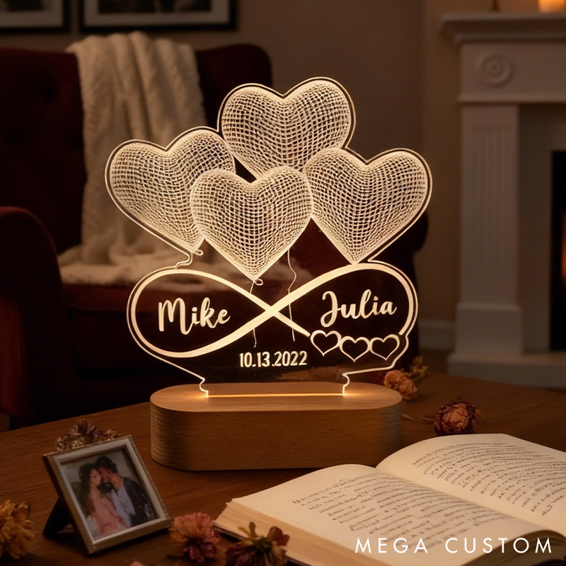 Personalized 3D Illusion LED Lamp Infinity Heart Night Light Custom Names Lamp Valentine's Day Gift for Couple Anniversary Gift for Him Her