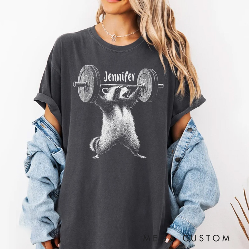 Personalized Gym Washed T-Shirts with Trash Panda Raccoon Oversized Comfort Colors Funny Deadlift Raccoon Meme Shirt  for Fitness Enthusiasts Bodybuilders and Gym Lovers