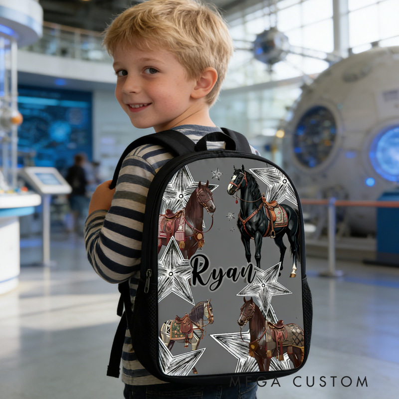 Personalized Custom Name for Kids Back to School Gift Floral Star Boy And Girl Riding Horse for Riding Lovers Equestrian Lovers