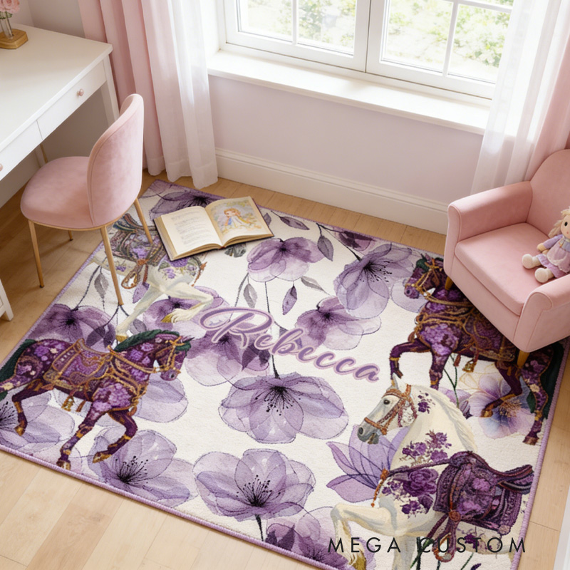 Personalized Rugs Riding Purple Dreaming Floral Doormat Floral Horse Custom Name Festive Flower Decor with French Countryside Gifts Doormat for Family for Riding Lovers Equestrian Lovers
