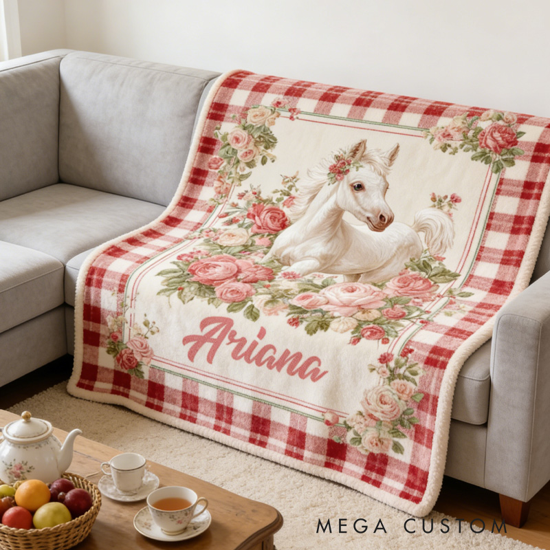 Personalized Riding Plaid Blanket Equestrian Horse Custom Name with French Countryside Gifts Family Blanket for Riding Lovers Equestrian Lovers