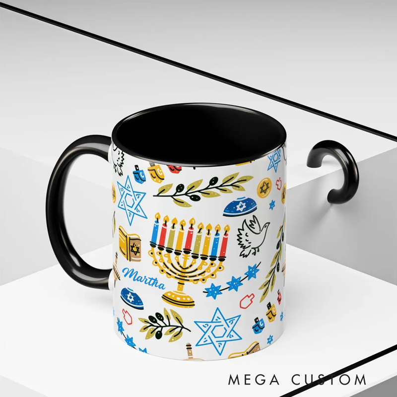 Personalized Hanukkah Menorah Ceramic Mug with Name Chanukah Coffee Mug Religious Gift Happy Hanukkah Gift for Jewish people Hanukkah