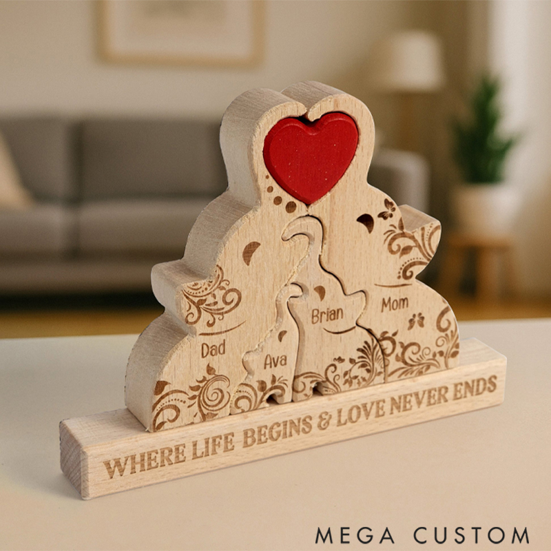 Personalized Wooden Mommy Elephant Family Puzzle Desk Decoration Keepsake Anniversary Gift for Family