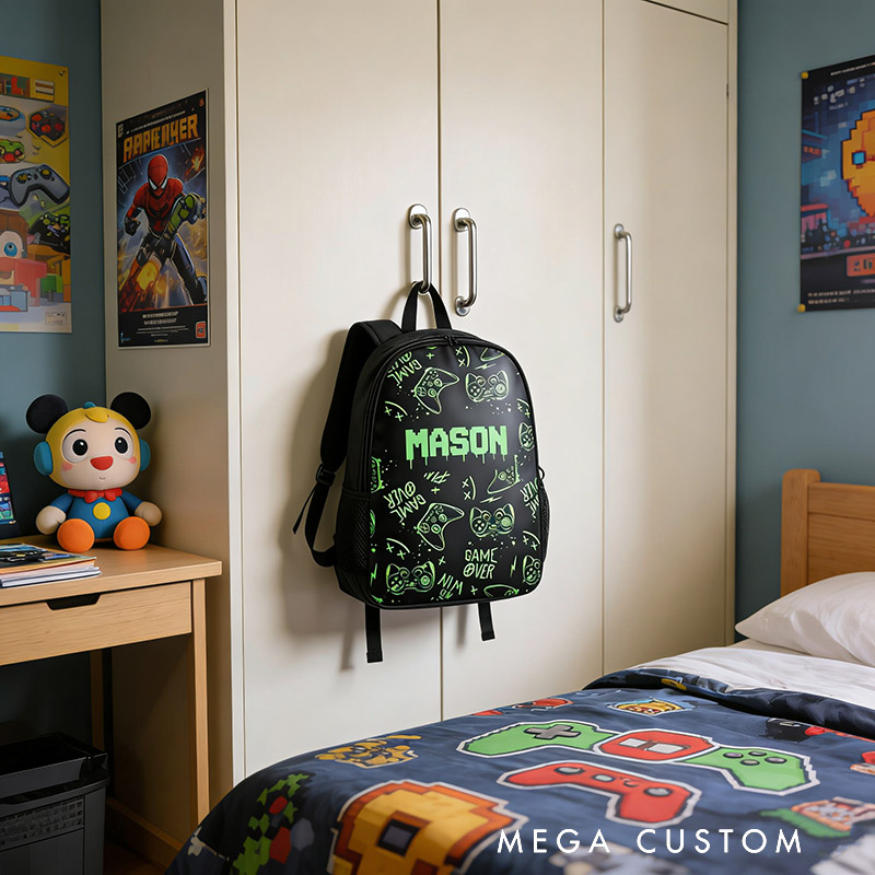 Personalized Graffiti Game Controller Backpack Custom Name for Kids and Game Lovers Birthday Black to School Christmas Gift