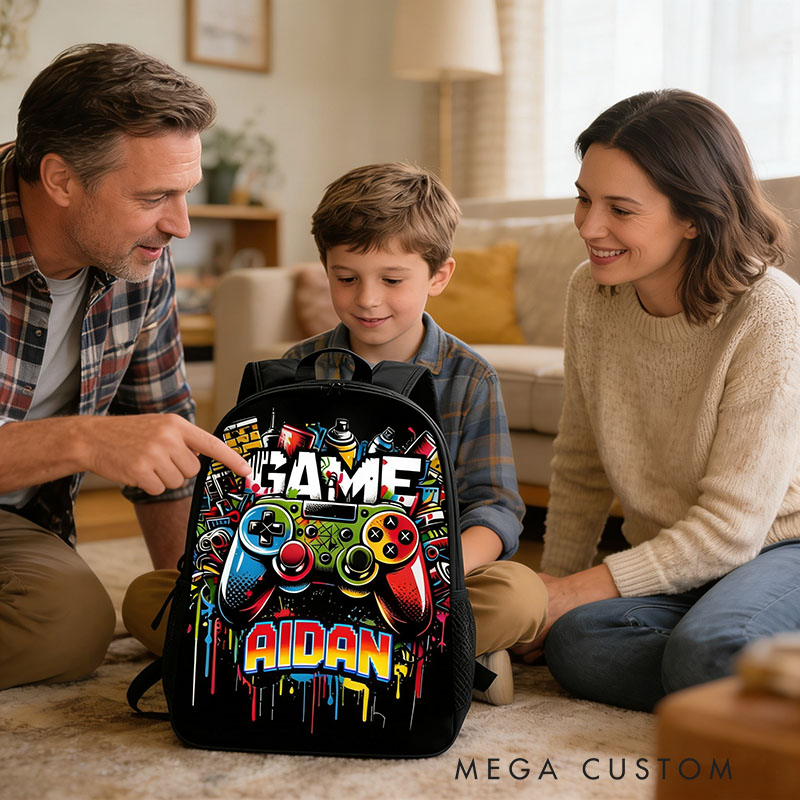 Personalized Colorful Graffiti Game Controller Backpack Custom Name for Kids and Game Lovers Birthday Black to School Christmas Gift