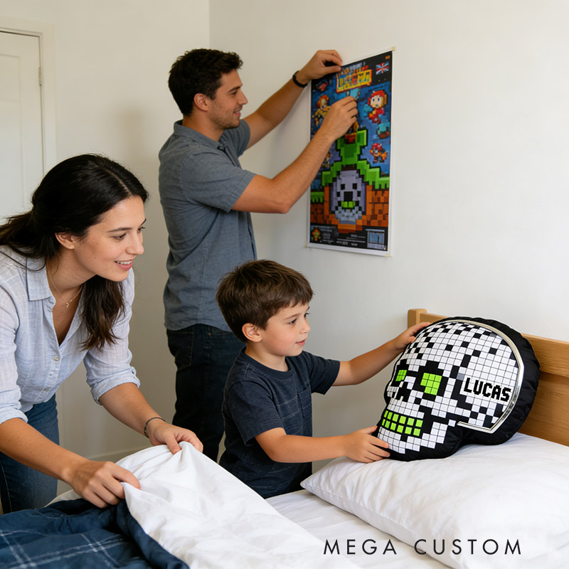 Personalized Game Pixel Skull Shaped Pillow for Game Lovers Plush Pillow Christmas Birthday Party Gift for Kids
