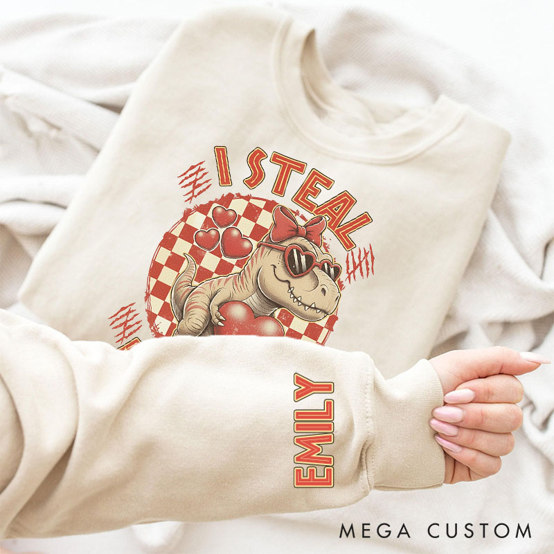 Personalized Girlfriend Wife Dinosaur I Steal Hearts Sweatshirt with Name Couple Matching Valentine's Day Sweatshirt for Her Him Anniversary Gift