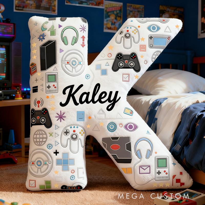 Personalized Graphic 3D Print Game Controller and Game Consoles Letter Pillow for Game Lovers Plush Pillow Christmas Birthday Gift for Kids