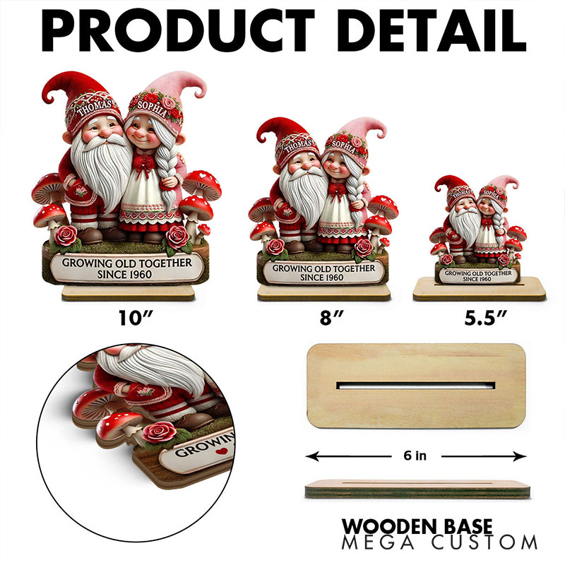Personalized Couple Valentines Day 3D Effect Gnome Mushroom Standing Wooden Plaque Whimsical Gnome Couple Growing Old Together Plaque Anniversary Gift