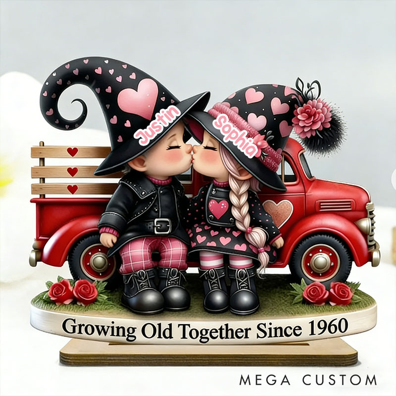 Personalized Couple Heart Valentines Day 3D Effect Gnome Truck Standing Wooden Plaque Whimsical Couple Growing Old Together Plaque Anniversary Gift