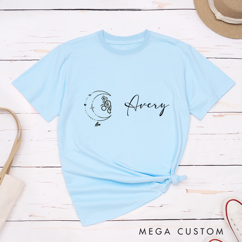 Personalized Leo Zodiac T-Shirt Classic Unisex Astrology Moon Floral Custom Gift for Horoscope Lovers Birthday Present for Him or Her