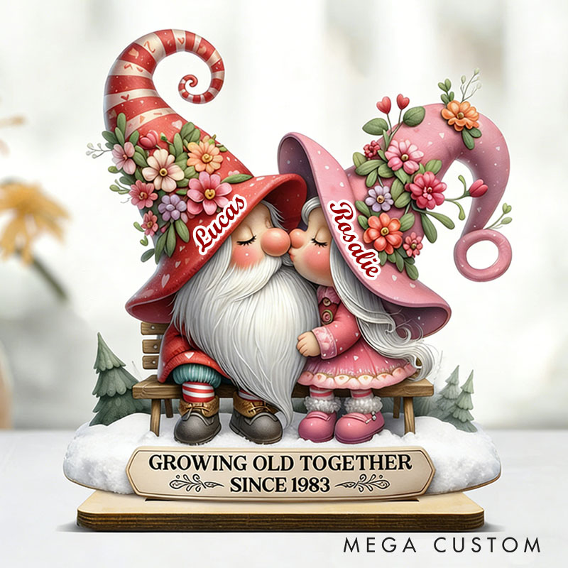 Personalized Couple Heart Valentines Day 3D Effect Gnome Standing Wooden Plaque Custom Sweet Gnome Couple Sitting on a Chair Plaque Anniversary Gift