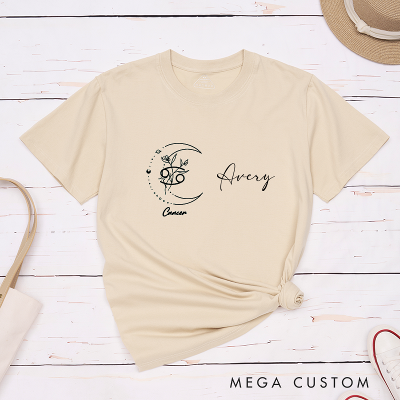 Personalized Cancer Zodiac Symbol Classic T-Shirts Custom Name Moon Floral Astrology Sign Birthday Gift Unisex Horoscope Shirt for Men and Women