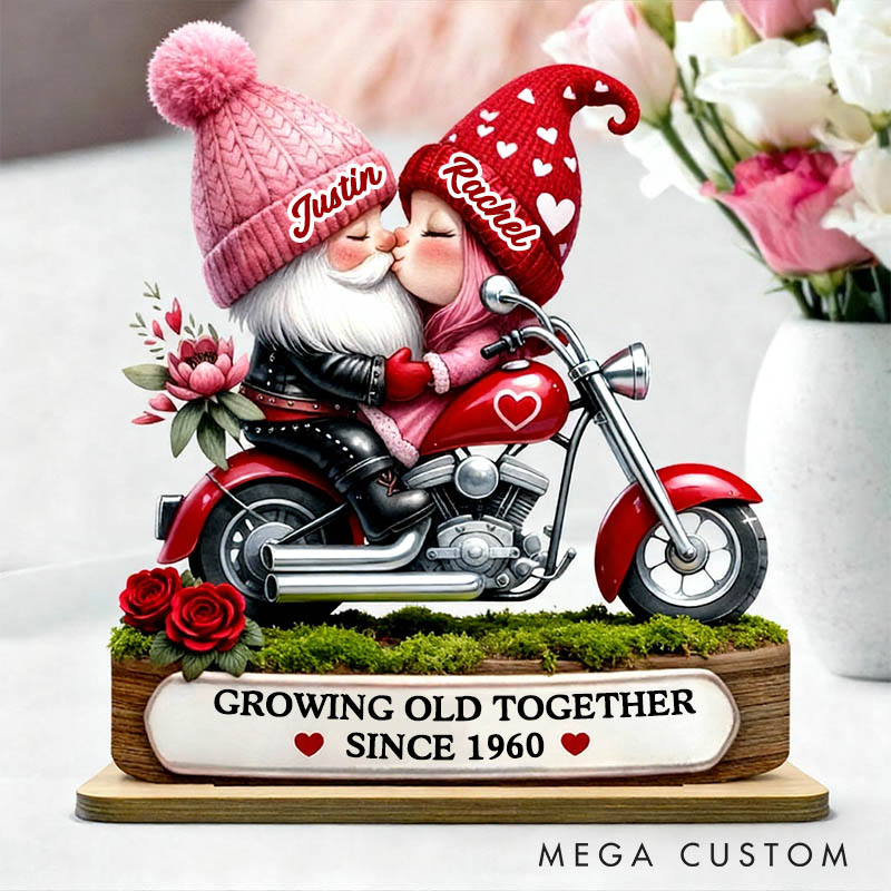 Personalized Valentines Day 3D Effect Gnome Couple Riding Red Motorcycle Standing Wooden Plaque Custom Sweet Gnome Couple Plaque Anniversary Gift