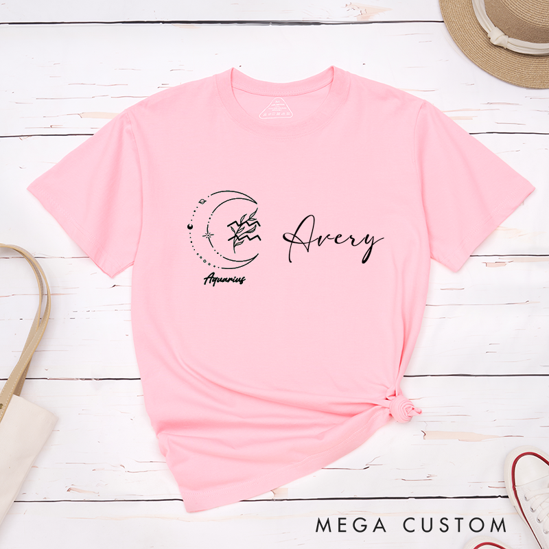 Personalized Aquarius Zodiac Sign Classic T-Shirts Custom Name Gifts for Astrology Lovers Unisex Unique Horoscope Shirt Birthday Present