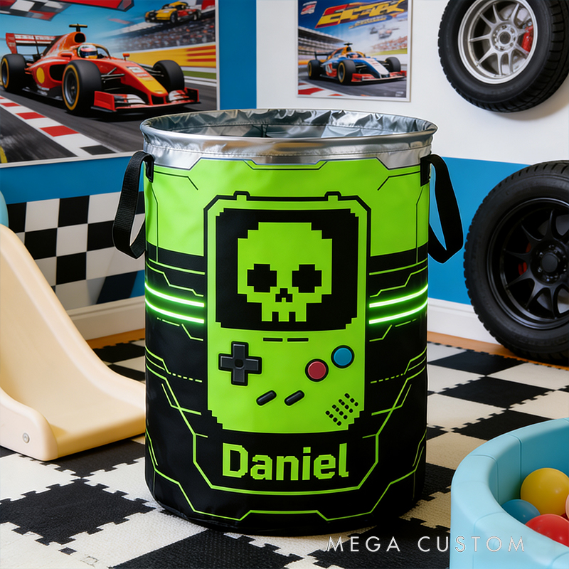 Personalized Retro Skull Game Machine Collapsible Storage Basket for Laundry Toys Organizer Game Lover Gift for Kids