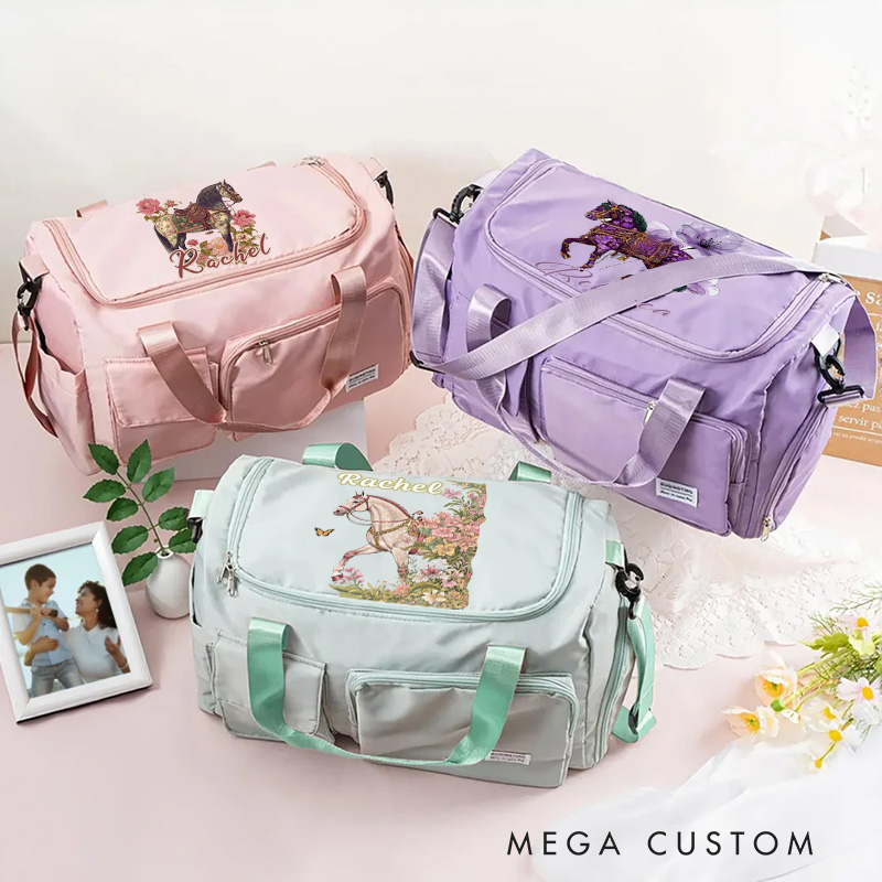 Personalized Horse Riding Duffle Bag Waterproof Equestrian Multi Compartment Travel Bag with Name and Shoulder Strap Travel Accessories Birthday Gift for Women Girls Overnight Bag Gift for Horse Lovers Riding Lovers Equestrian Lovers