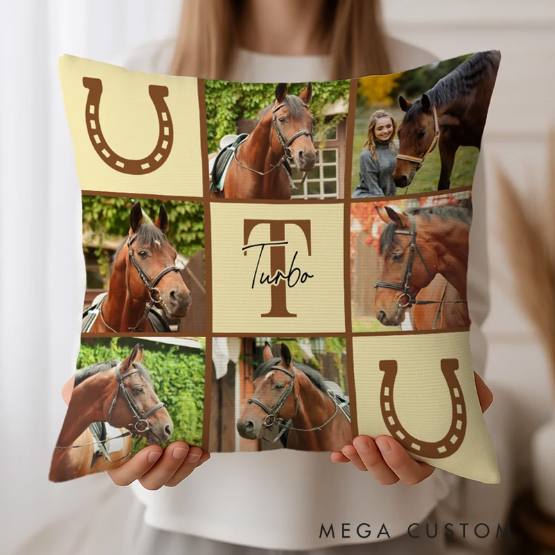 Personalized Nine Square Grid Photo Horseshoe Soft Throw Pillow Cover with Name and Initial Home Decor Equestrian Game Day Gift for Horse Lovers