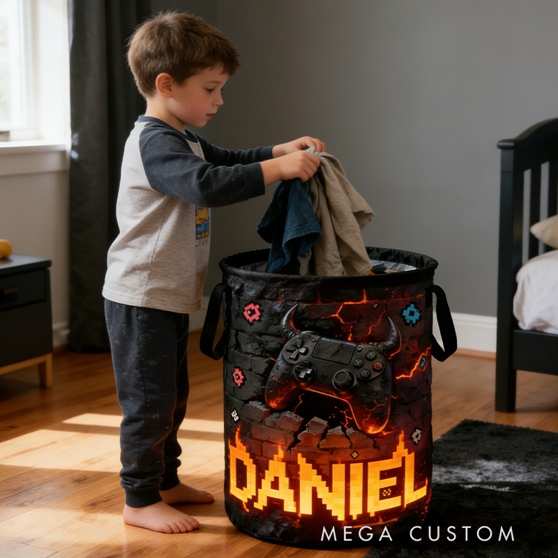 Personalized Retro Flame Game Controller Collapsible Storage Basket for Laundry Toys Organizer Game Lover Gift for Kids