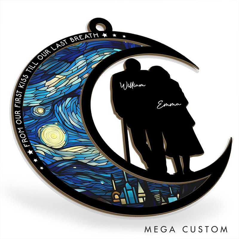 Personalized Couple From Our First Kiss Till Our Last Breath Suncatcher Moon Shaped Starry Night Style Window Decor Anniversary Valentines Day Gift